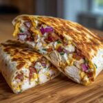A crispy chicken bacon ranch wrap cut in half, showing chunks of chicken, bacon, red onion, and creamy ranch sauce.