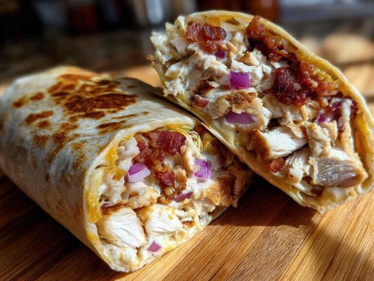A crispy chicken bacon ranch wrap cut in half, showing chunks of chicken, bacon, red onion, and creamy ranch dressing inside a toasted tortilla.
