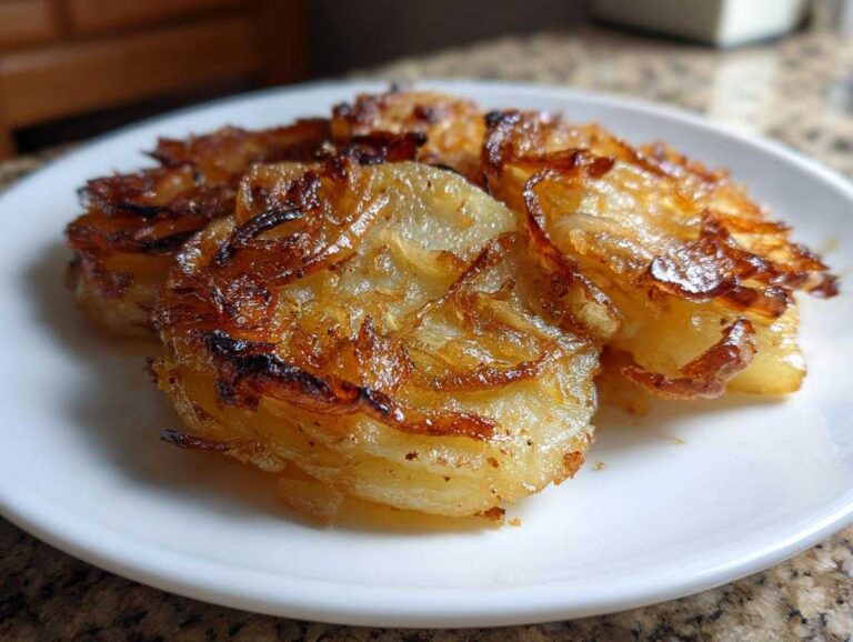 Close-up of golden brown, crispy fried potatoes stacked on a white plate, showing caramelized edges.