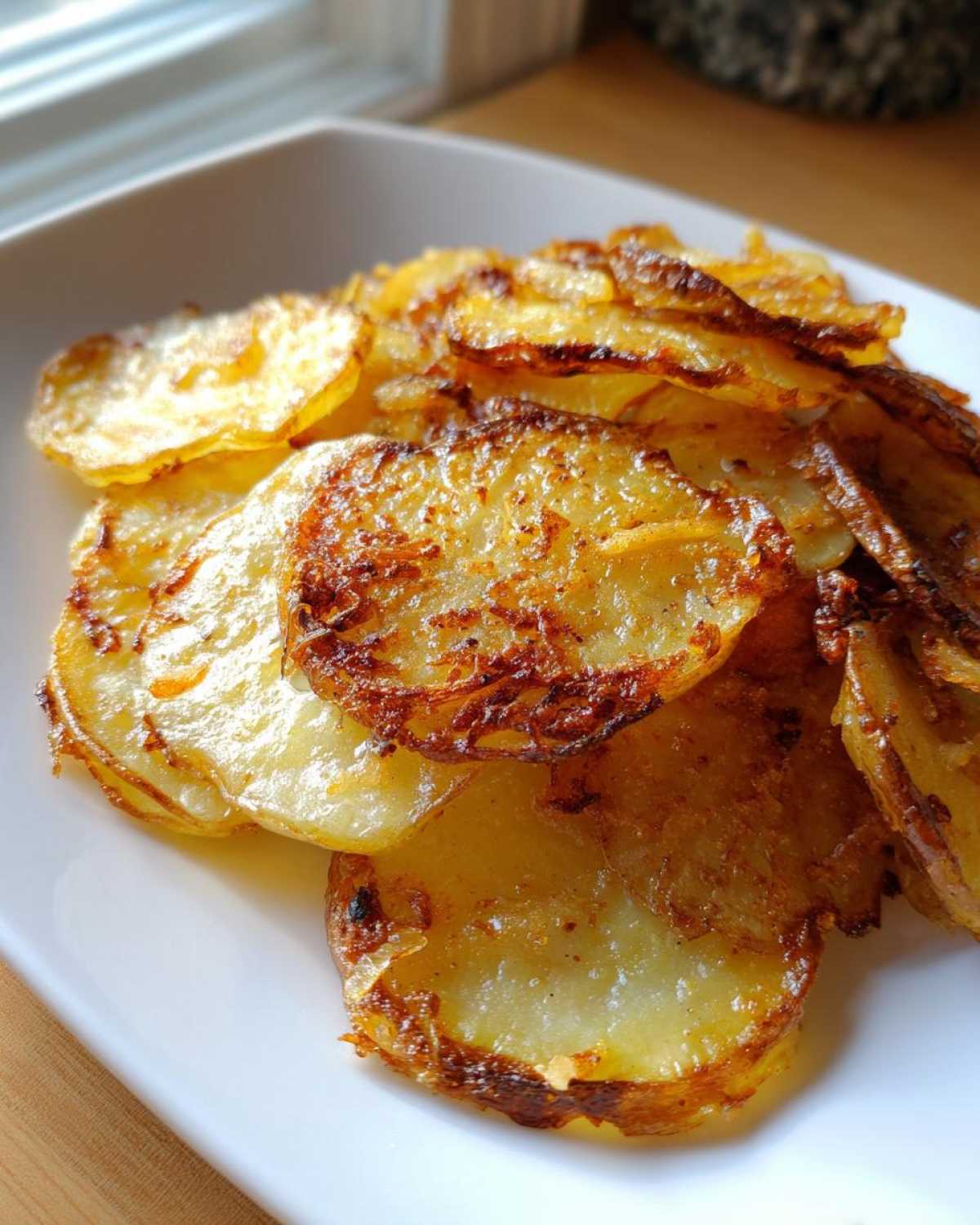 Close-up of golden brown, thinly sliced fried potatoes piled on a white square plate.