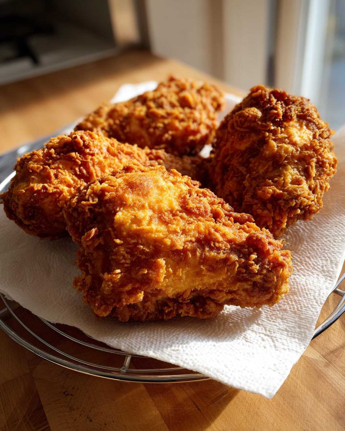 Four pieces of perfectly cooked, crispy fried chicken resting on a paper towel over a cooling rack.