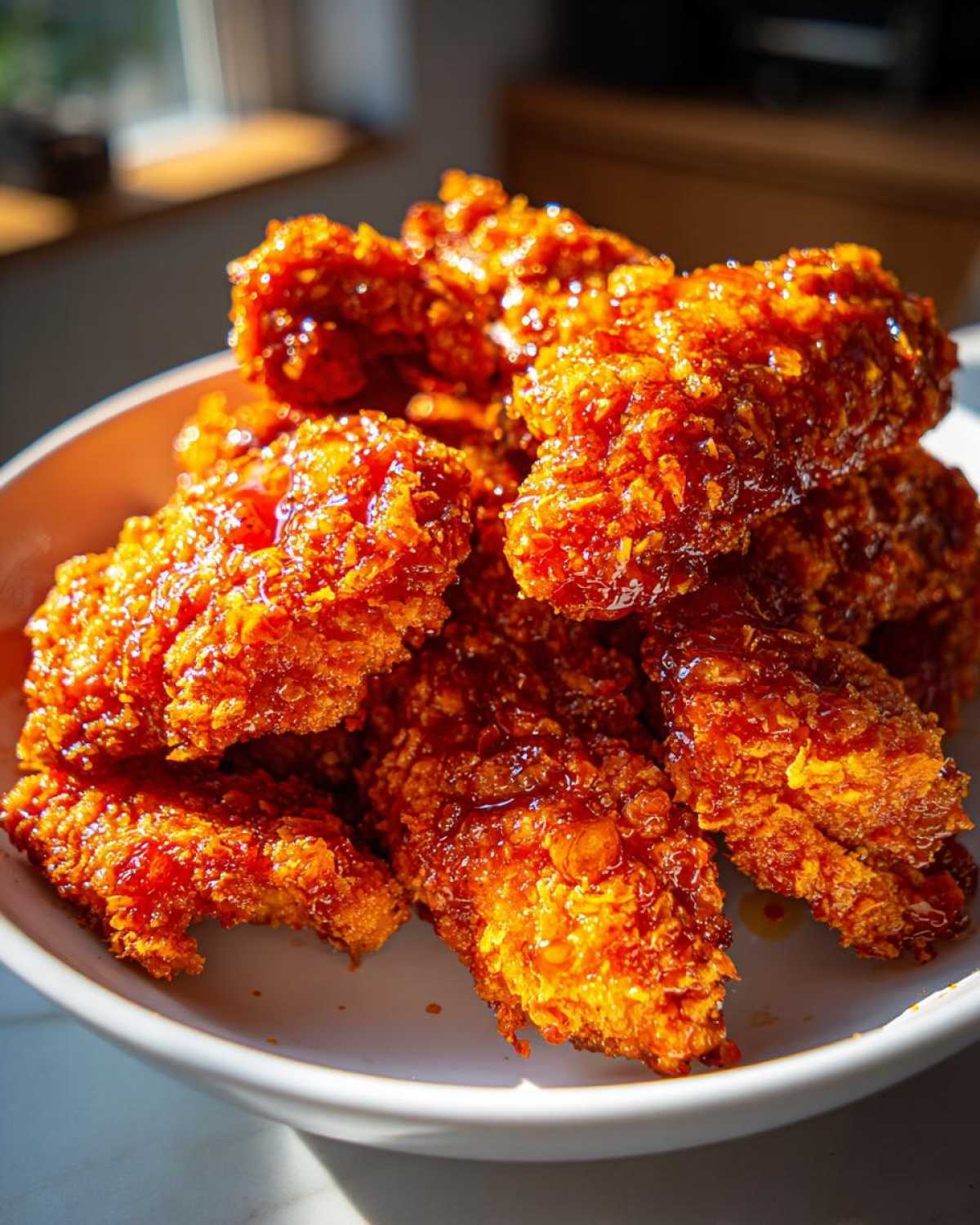 A close-up of crispy, glazed hot honey chicken tenders piled high in a white bowl.