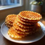A tall stack of golden brown, crisp pizzelle cookies with a waffle pattern resting on a white plate near a window.