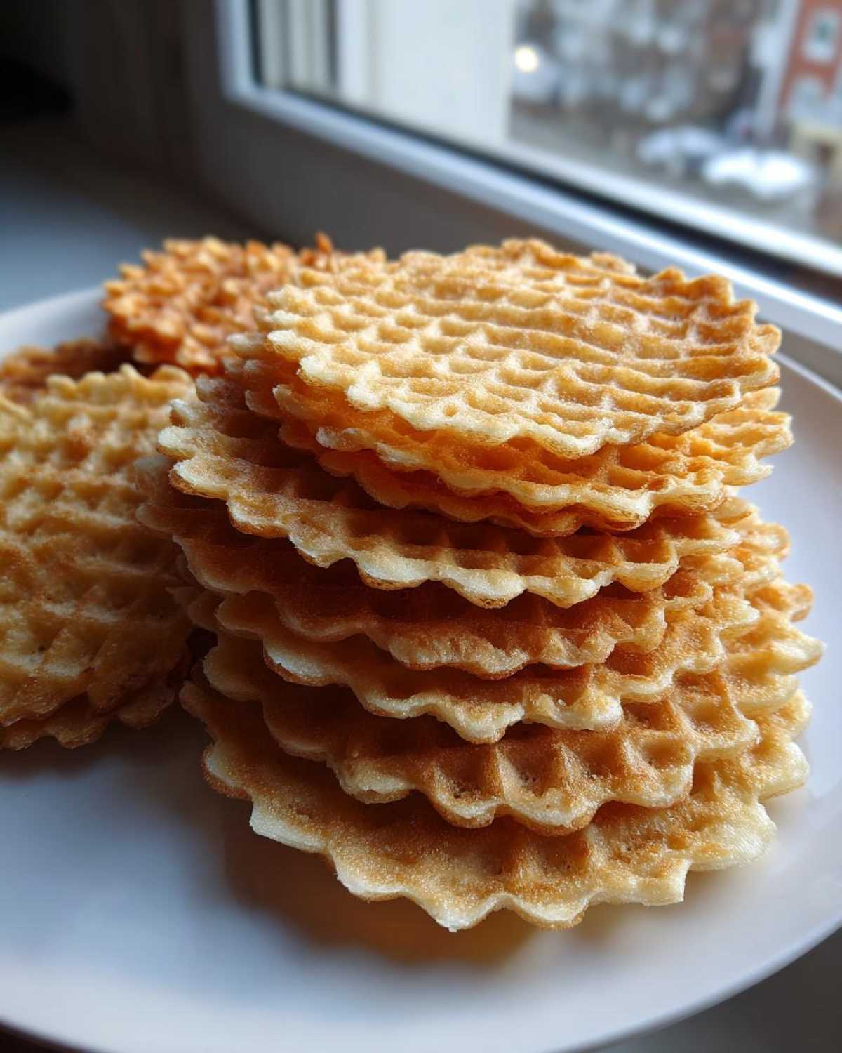 A close-up stack of freshly made, golden brown pizzelle cookies with a delicate waffle pattern.