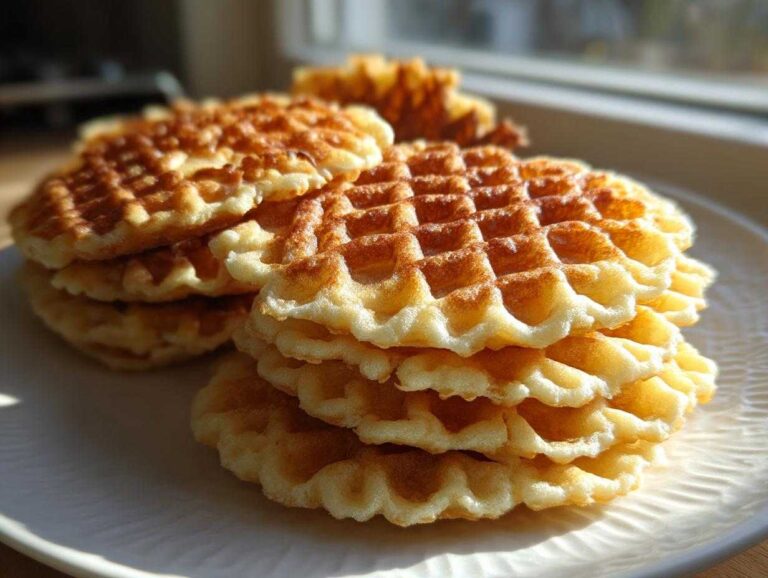 A close-up stack of golden brown, crisp pizzelle cookies resting on a white plate near a window.