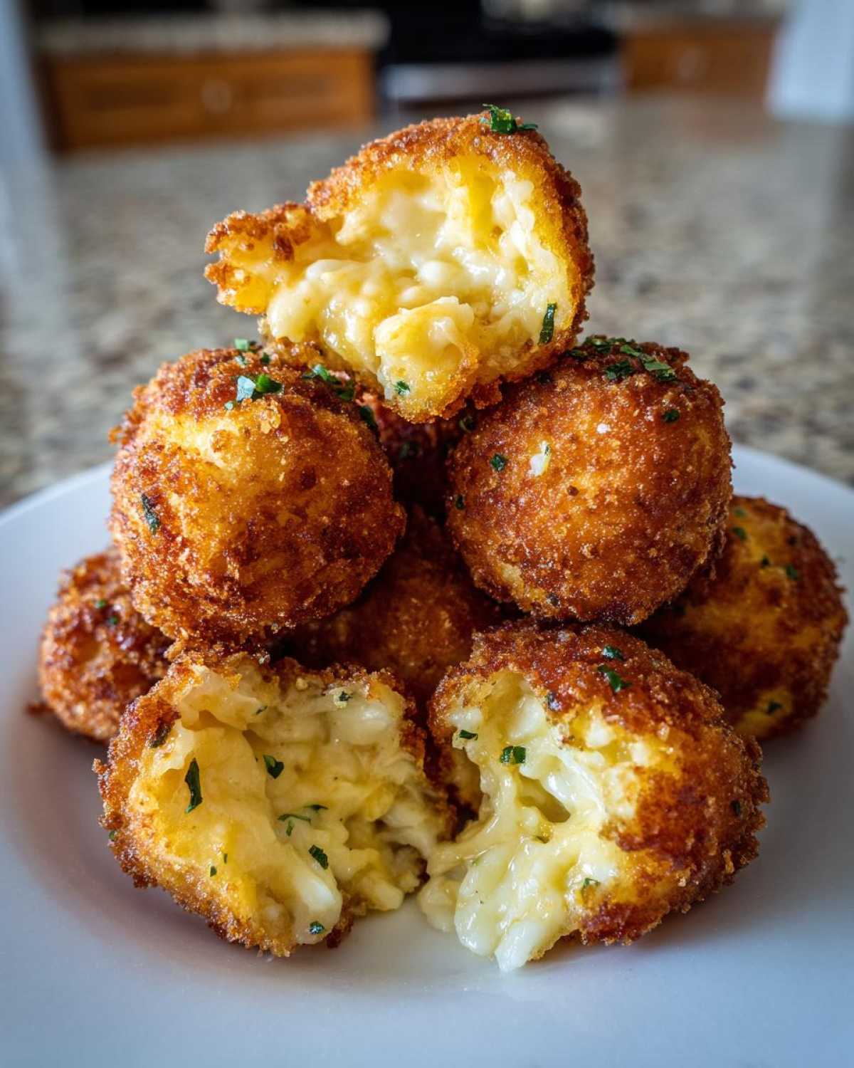 A stack of golden brown, crispy potato croquettes, with two cut open showing a gooey, cheesy interior.