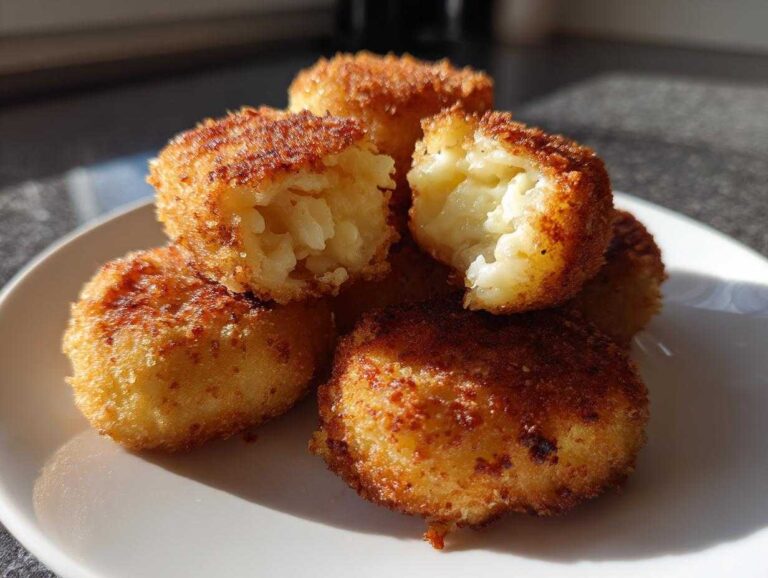 Amazing 3-Step Crispy Potato Croquettes Joy Close-up of several golden-brown, crispy potato croquettes piled on a white plate, one is broken open showing the fluffy interior.