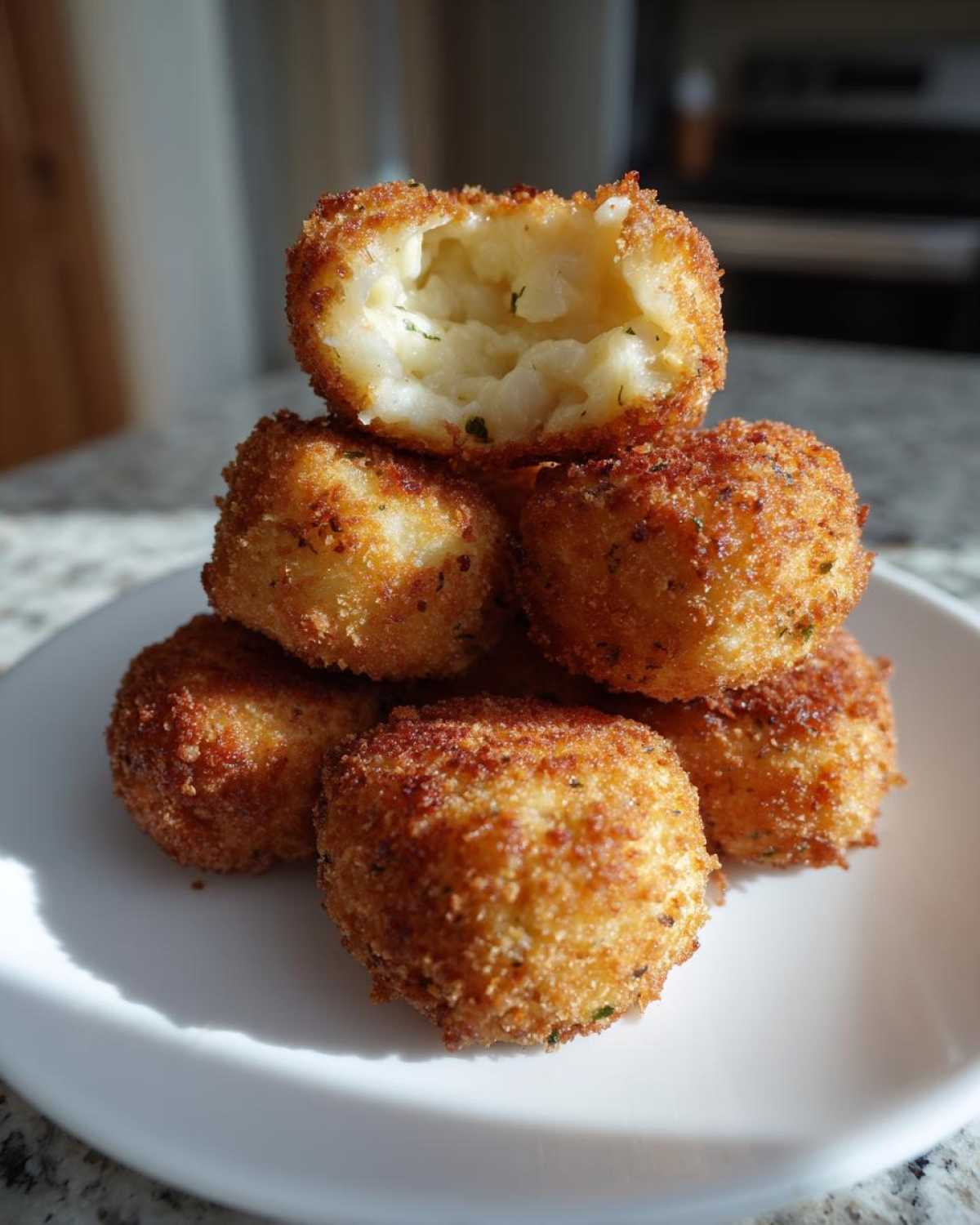 A stack of golden brown, crispy potato croquettes, with one on top broken open to show the fluffy interior.
