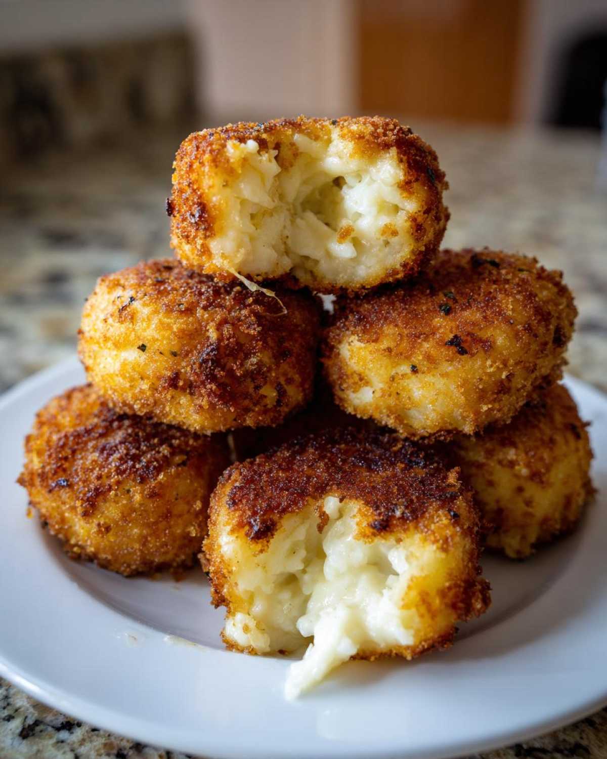 A stack of golden brown, crispy potato croquettes, one broken open showing the creamy interior.