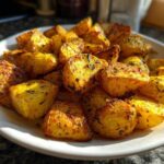 Close-up of golden, crispy breakfast potatoes seasoned with herbs, served on a white plate.
