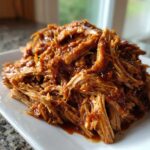 A close-up of tender, saucy crock pot pulled pork piled high on a rectangular white plate.