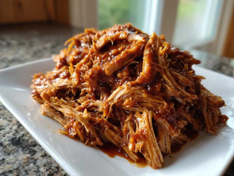 A close-up of tender, saucy crock pot pulled pork piled high on a rectangular white plate.