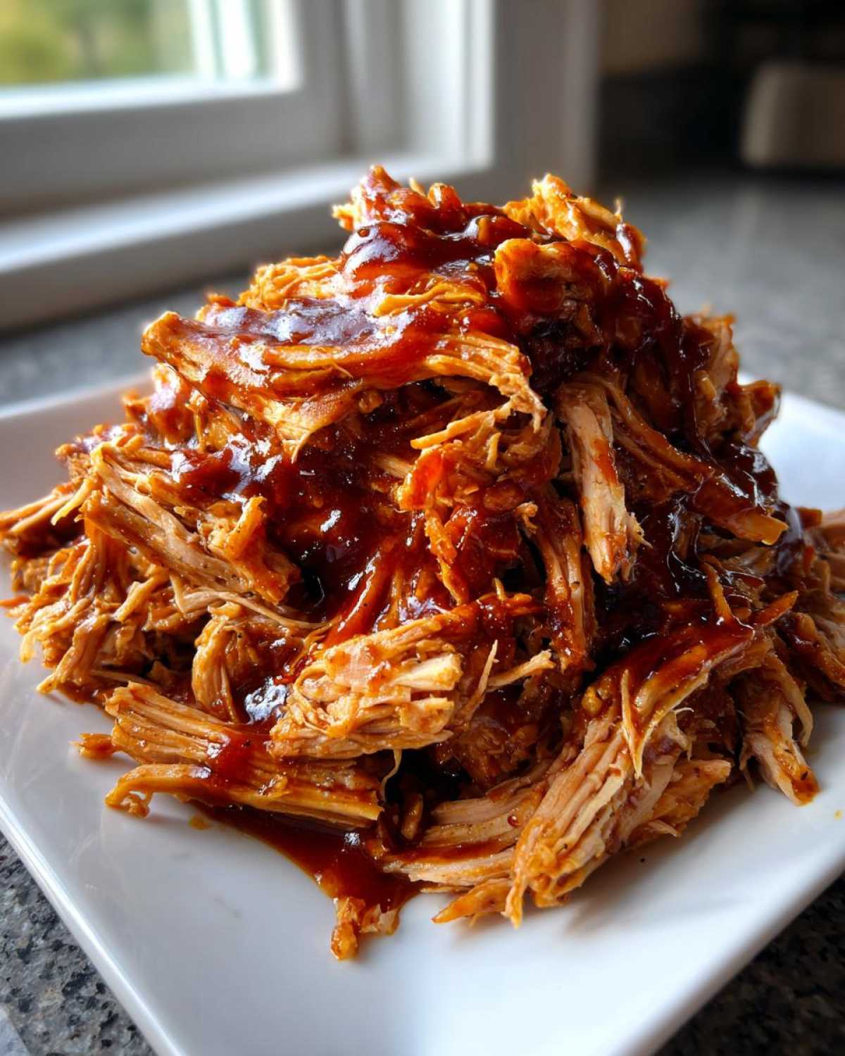A close-up of shredded, saucy crock pot pulled pork piled high on a white square plate.