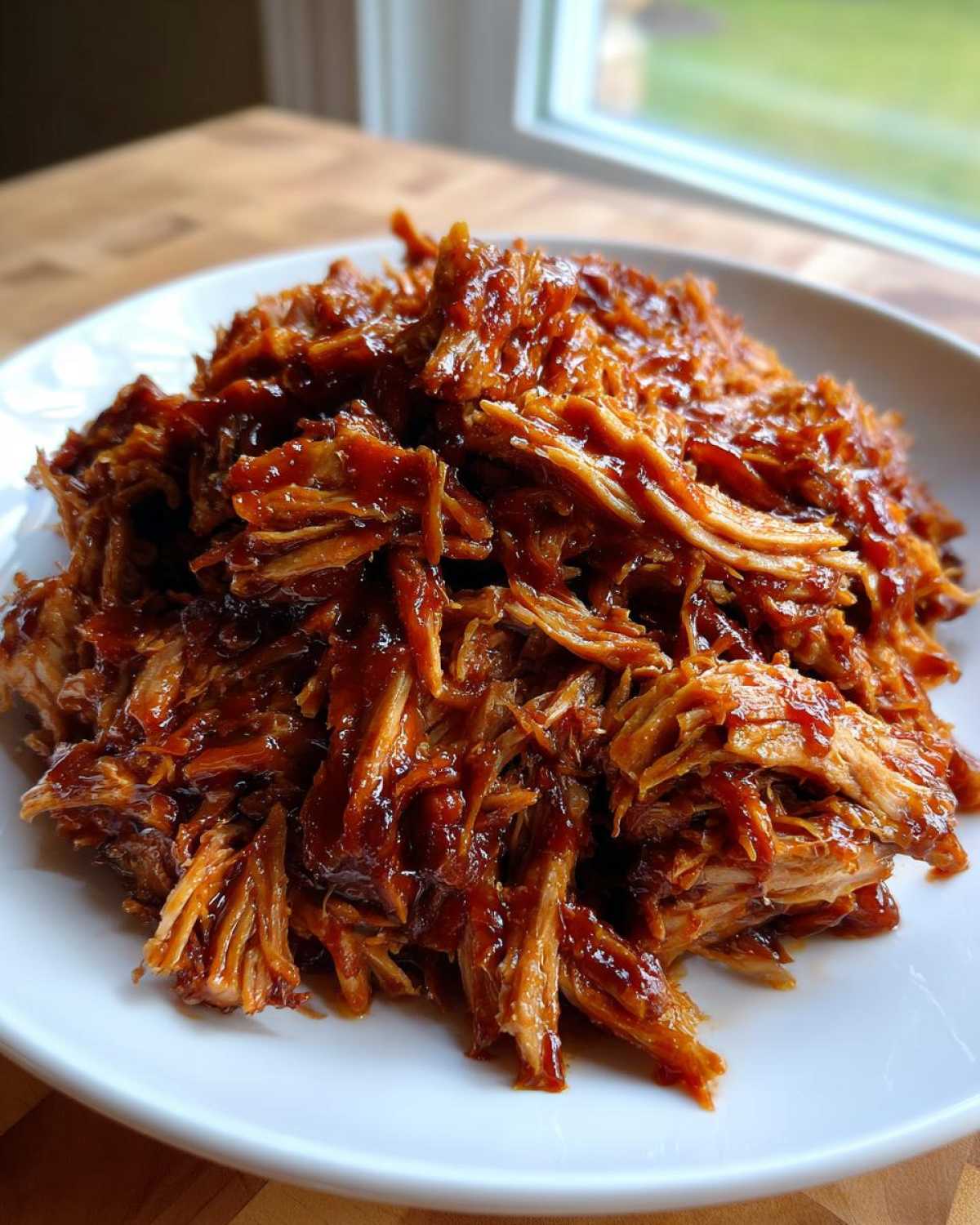 Close-up of tender, shredded crock pot pulled pork coated in a rich, dark BBQ sauce served on a white plate.