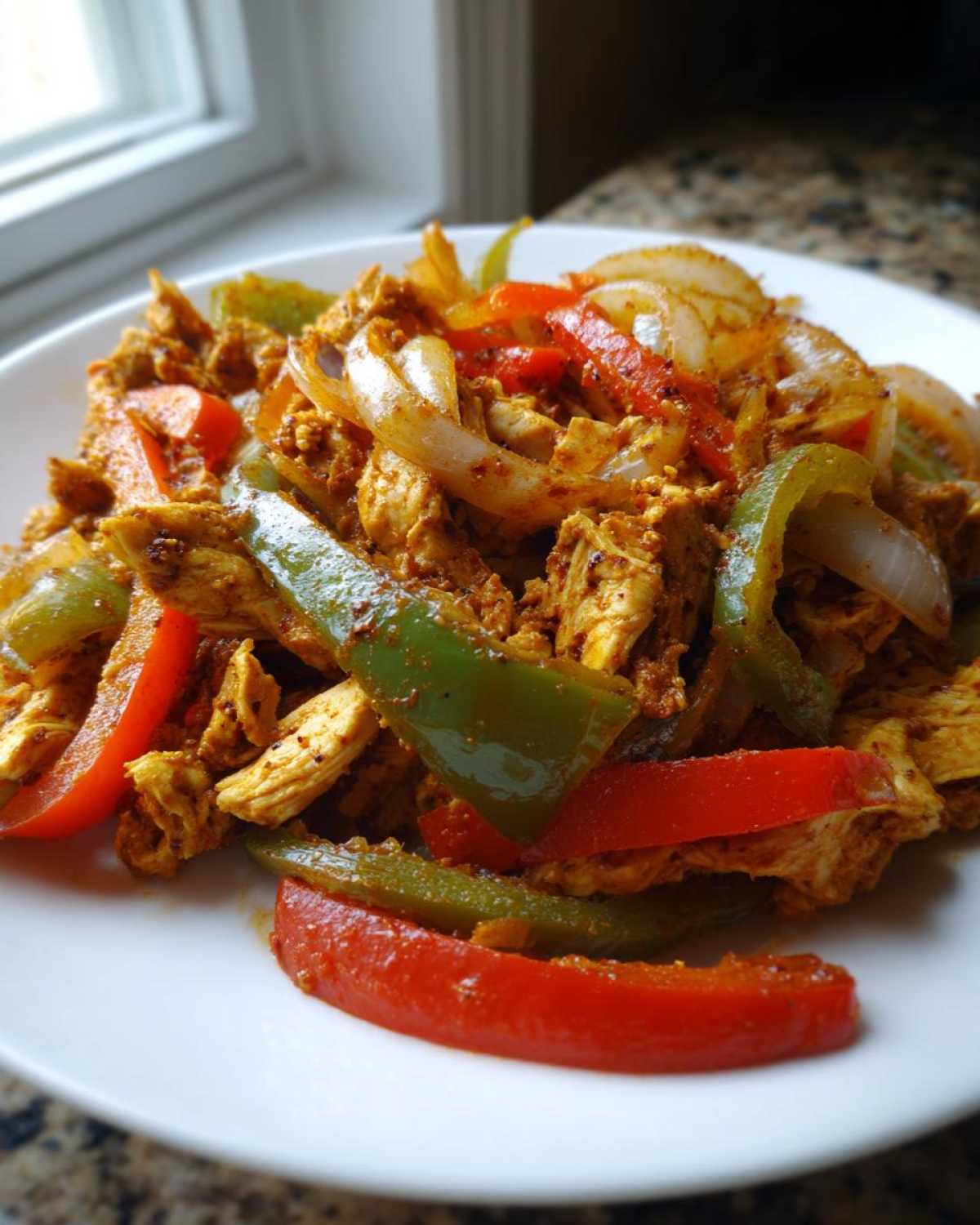 A close-up of seasoned chicken strips mixed with sautéed red and green bell peppers and onions, ready for crockpot chicken fajitas.