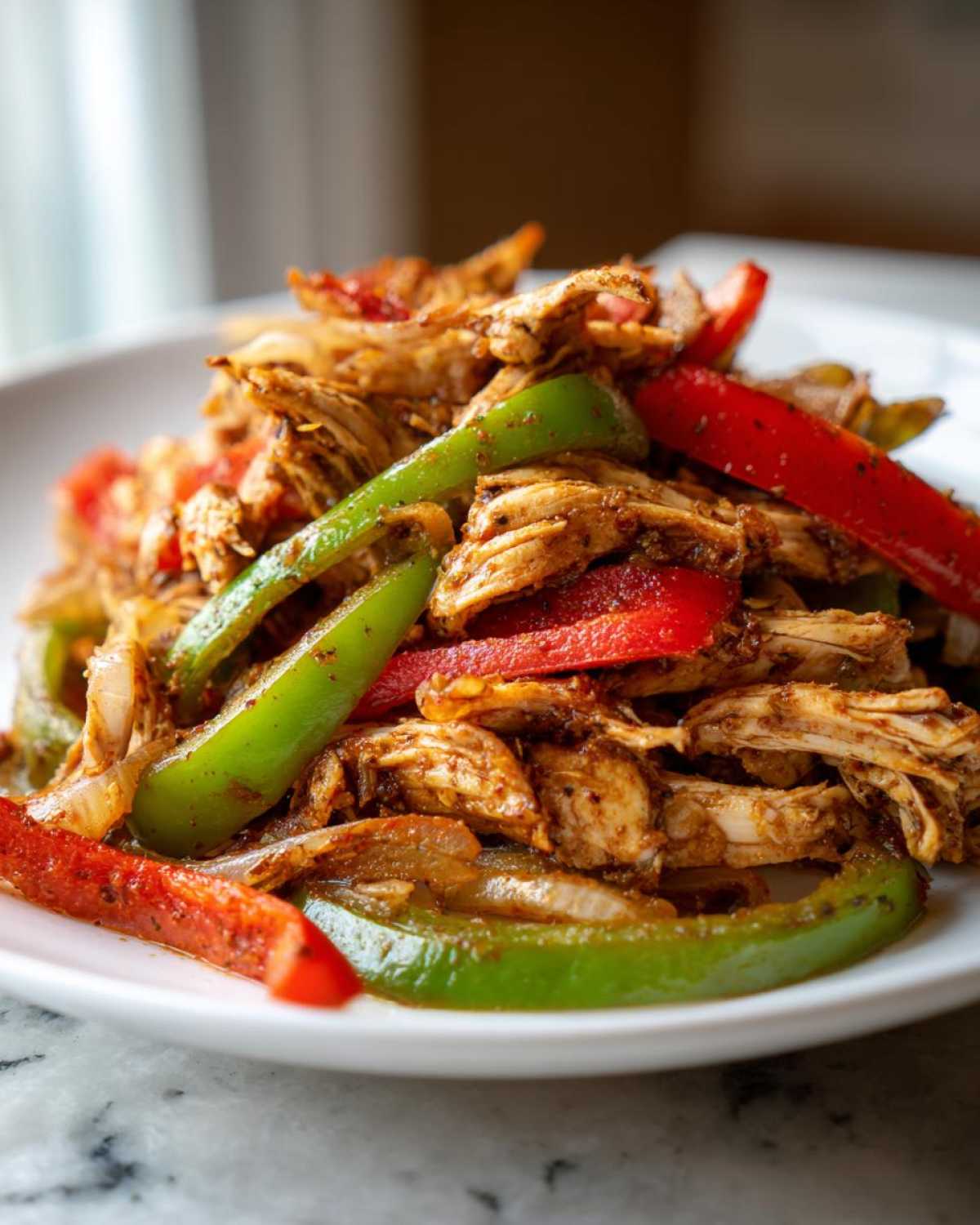Close-up of shredded chicken mixed with vibrant red and green bell peppers for crockpot chicken fajitas.