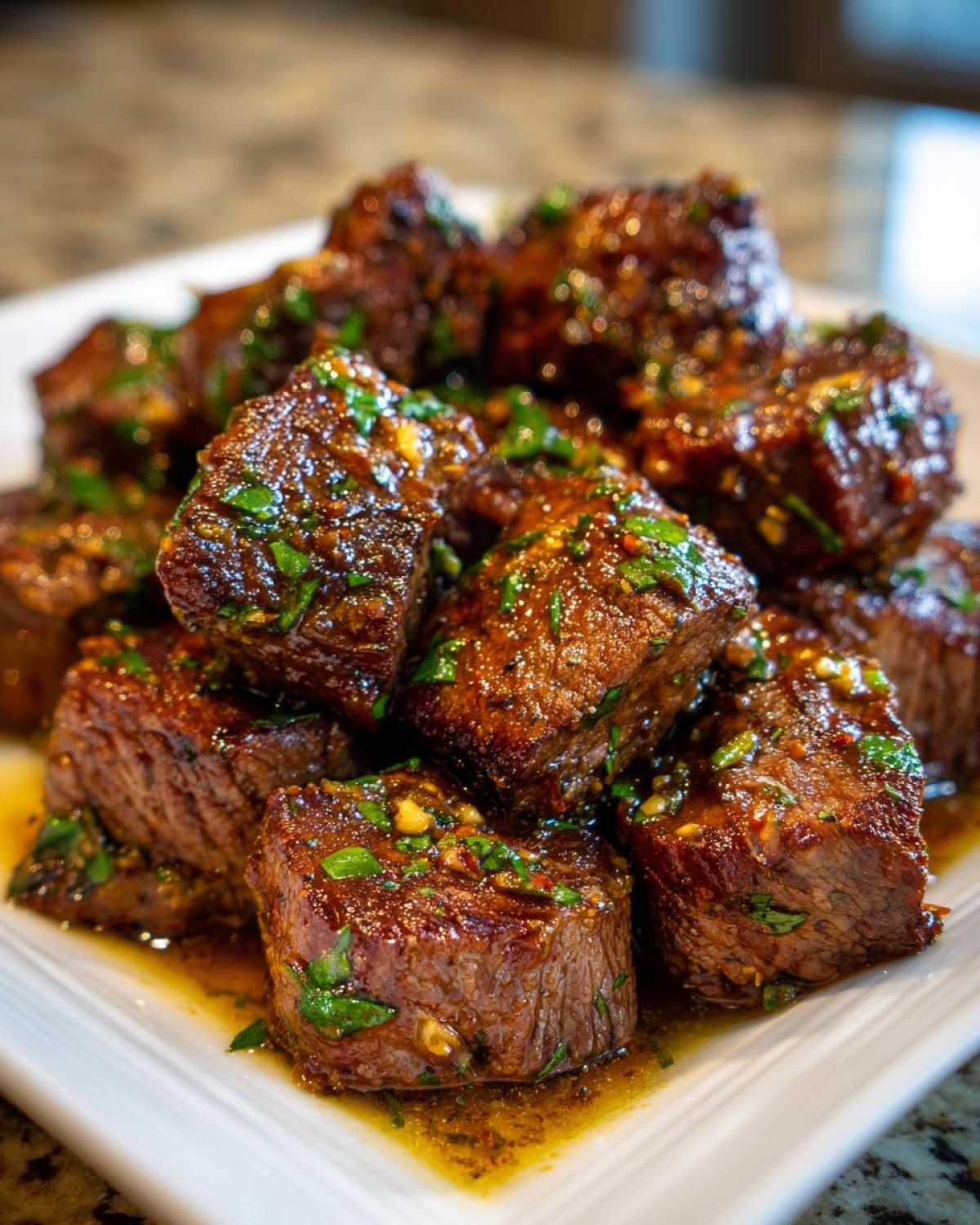 Close-up of tender, cubed crockpot steak bites coated in a savory sauce and fresh parsley.