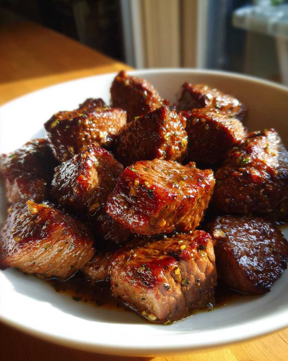 Close-up of tender, glazed cubes of crockpot steak served in a white bowl.