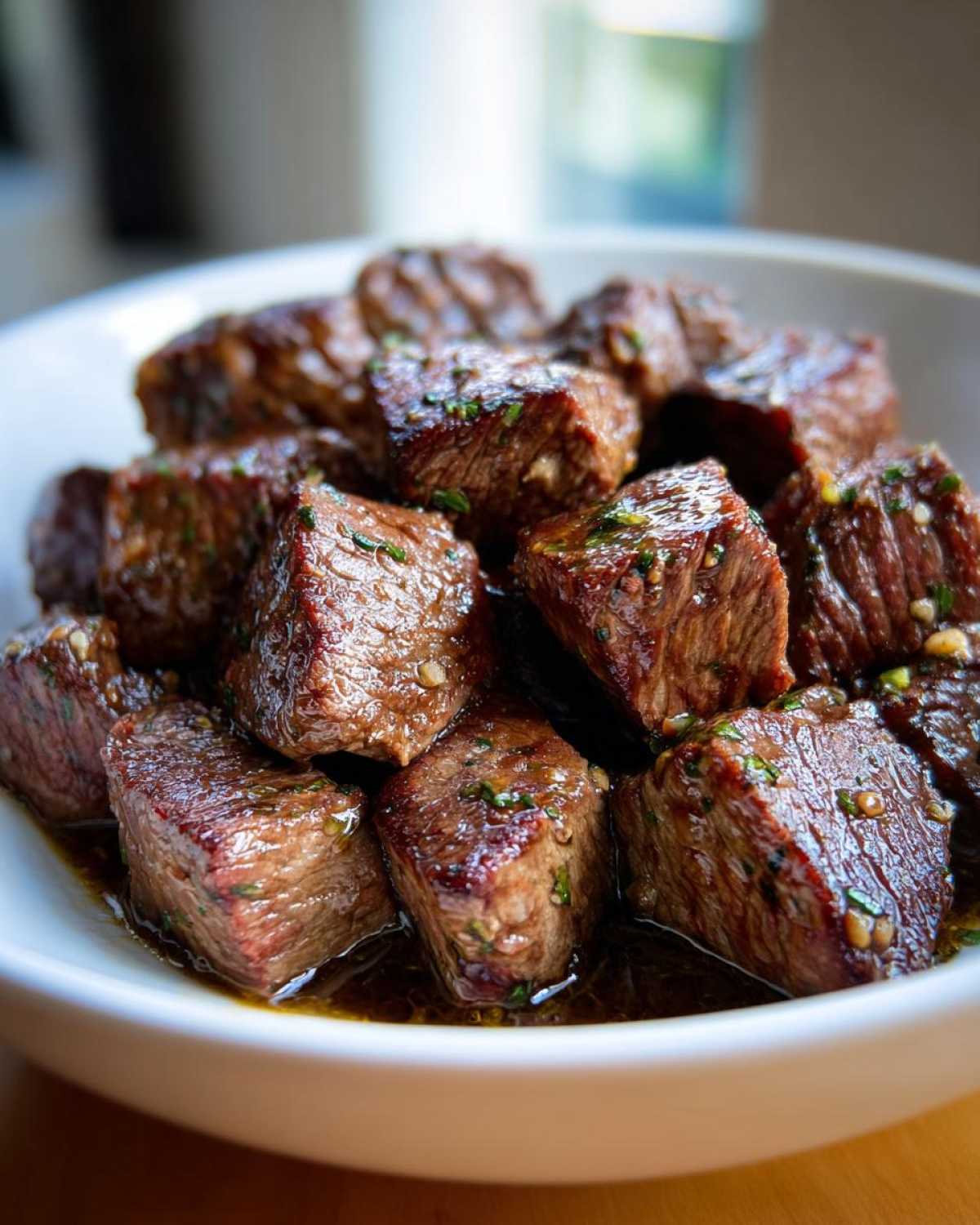 Close-up of tender, cubed crockpot steak pieces coated in a savory, dark sauce with visible herbs.
