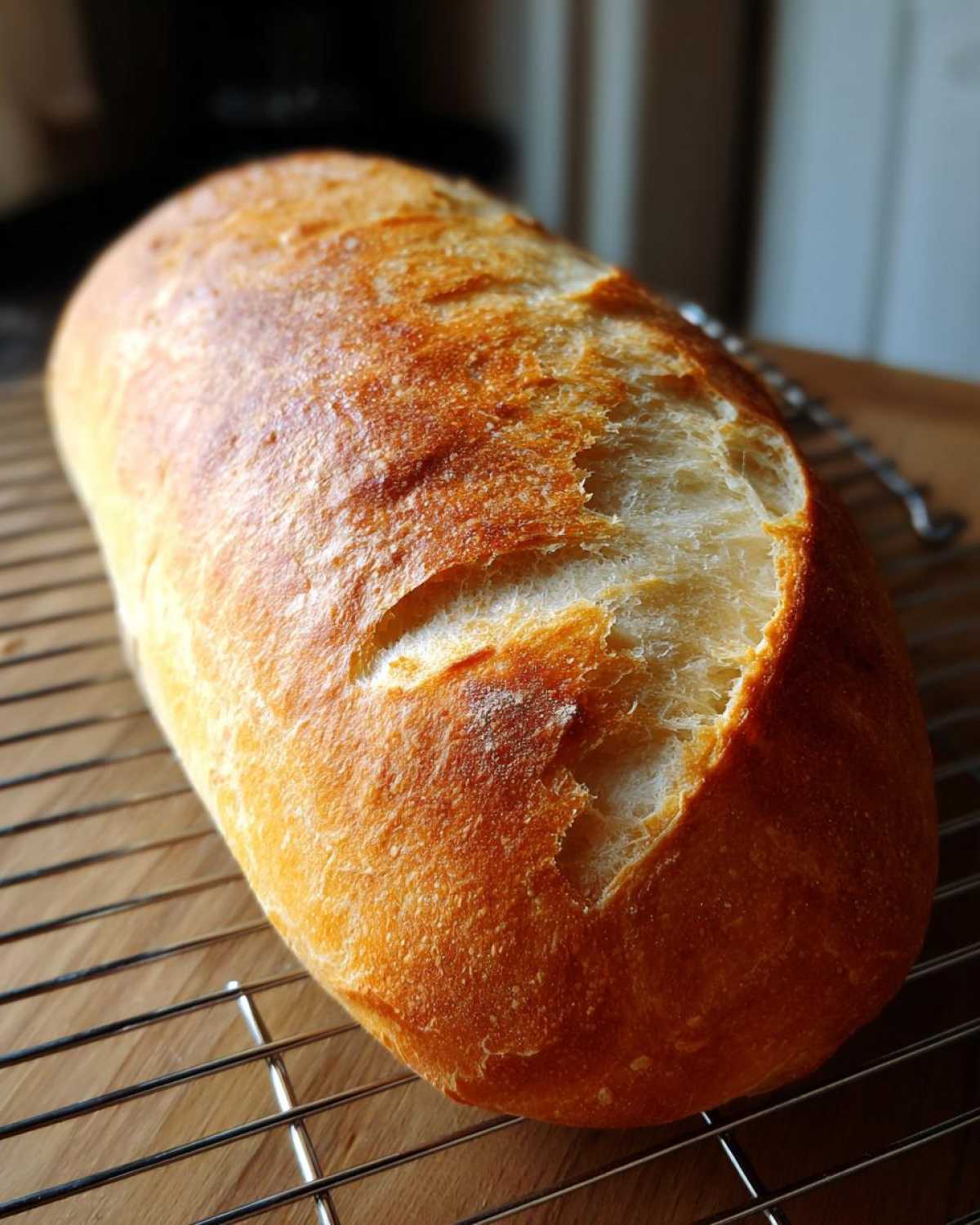 Close-up of a golden-brown, crusty loaf of homemade French bread cooling on a wire rack.
