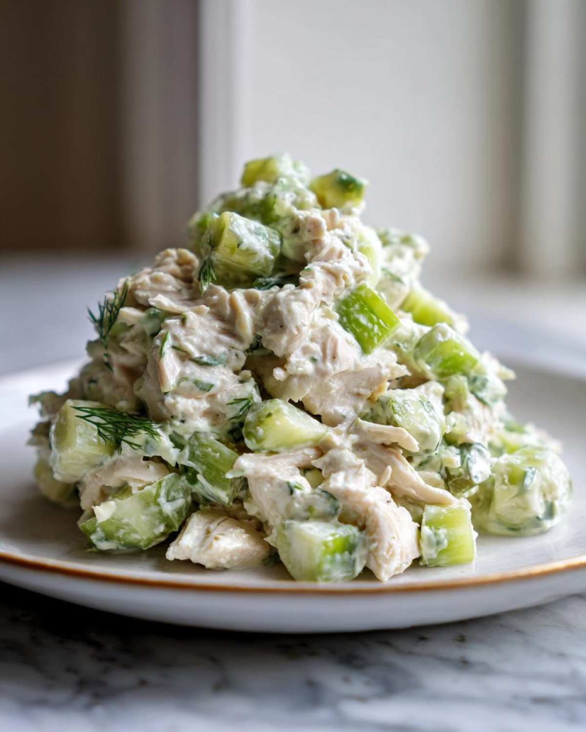 A mound of creamy dill pickle chicken salad featuring shredded chicken and large chunks of pickle, garnished with fresh dill.