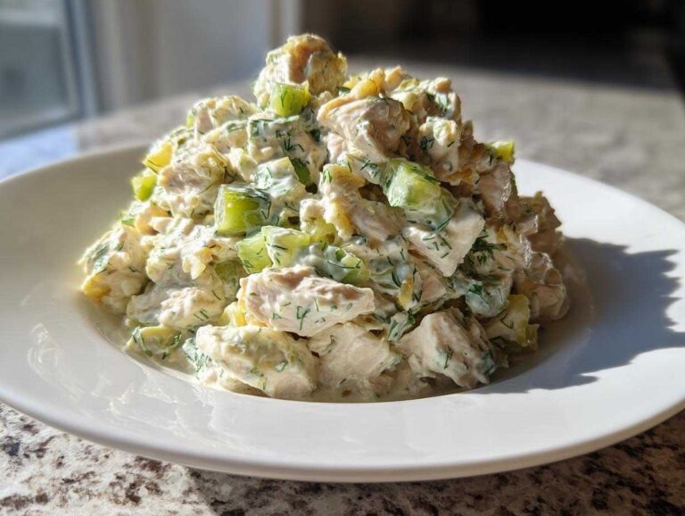 A generous serving of creamy dill pickle chicken salad, featuring chunks of chicken and bright green pickles, piled high on a white plate.