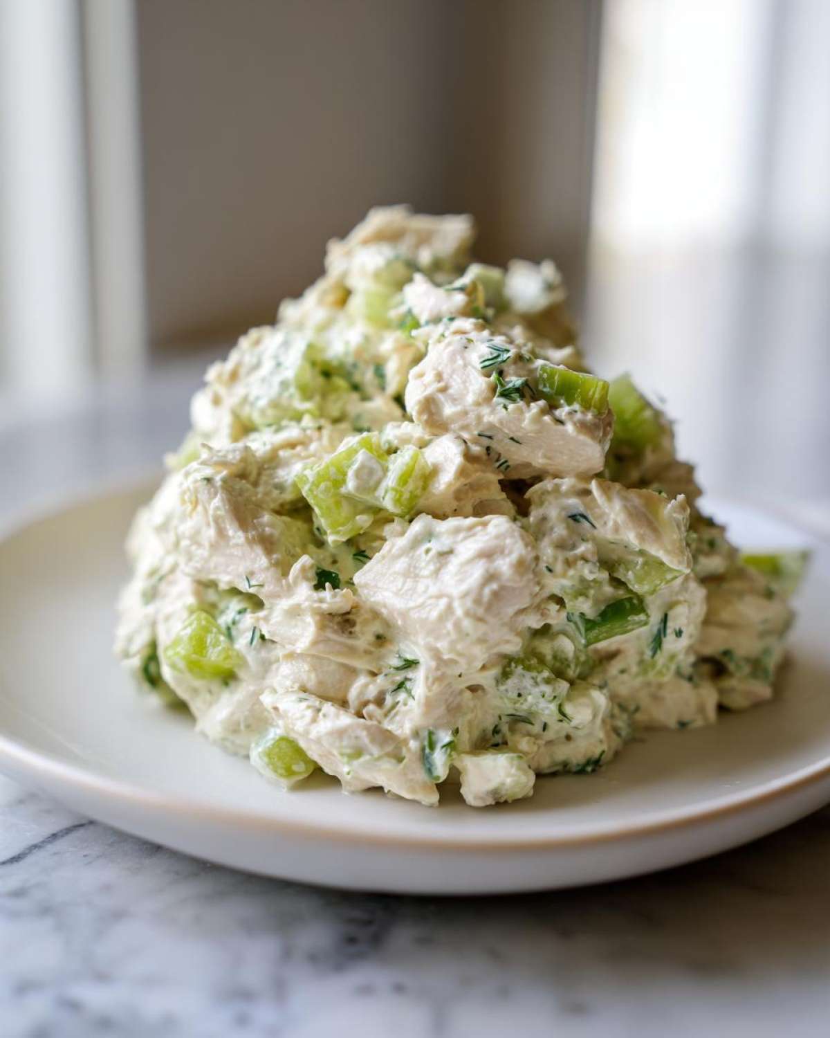 A mound of creamy dill pickle chicken salad featuring chunks of chicken and bright green celery on a white plate.