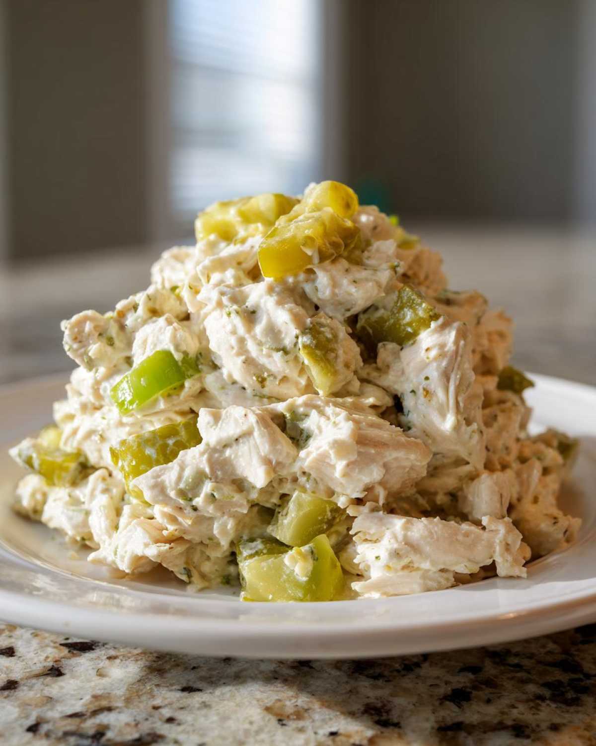 A generous serving of creamy dill pickle chicken salad piled high on a white plate.