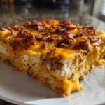A close-up, mouth-watering slice of Dorito Casserole featuring layers of filling, melted cheese, and crunchy Dorito topping.