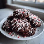 A stack of rich, dark double chocolate peppermint cookies drizzled with white icing and topped with crushed candy canes.