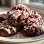 A stack of rich double chocolate peppermint cookies drizzled with white icing and crushed candy canes.