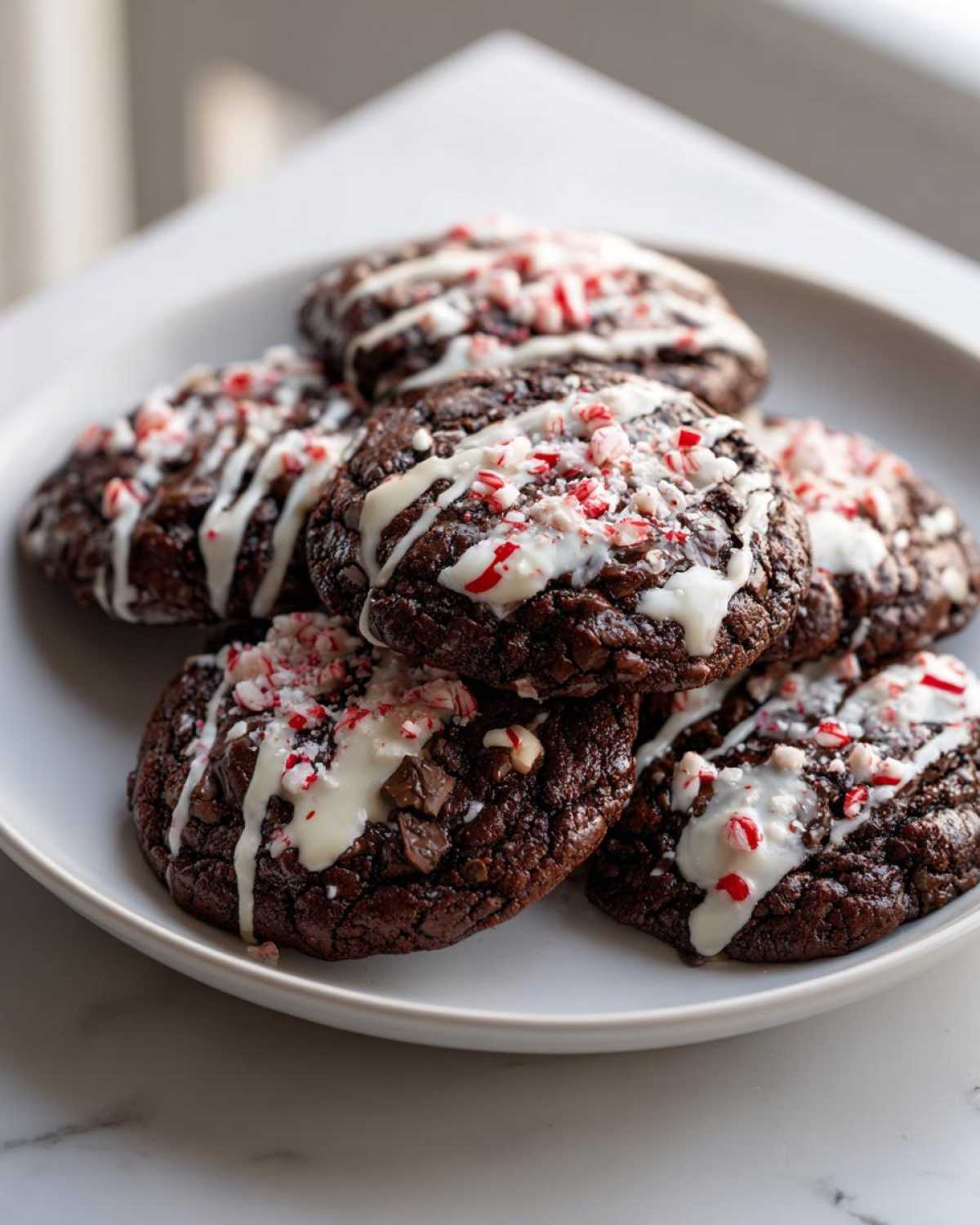 A close-up of several rich double chocolate peppermint cookies drizzled with white icing and crushed candy canes.