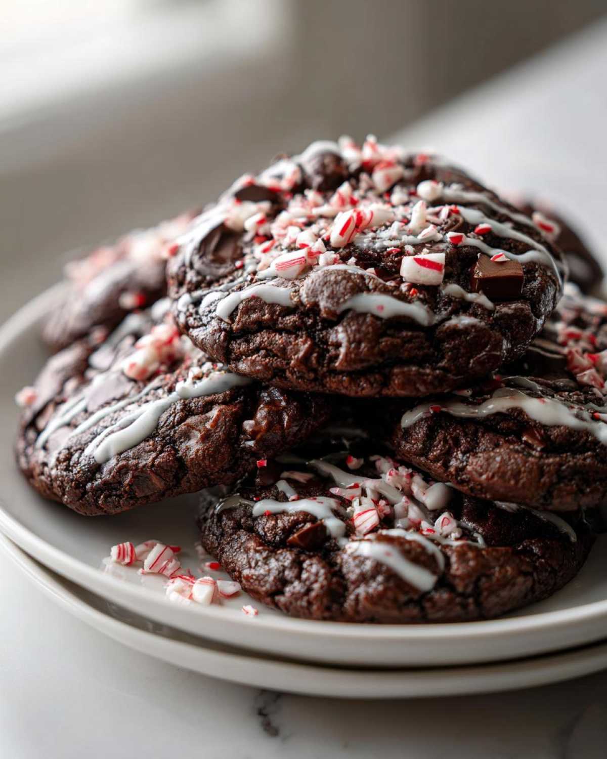 A stack of rich, fudgy double chocolate peppermint cookies topped with white icing drizzle and crushed candy canes.