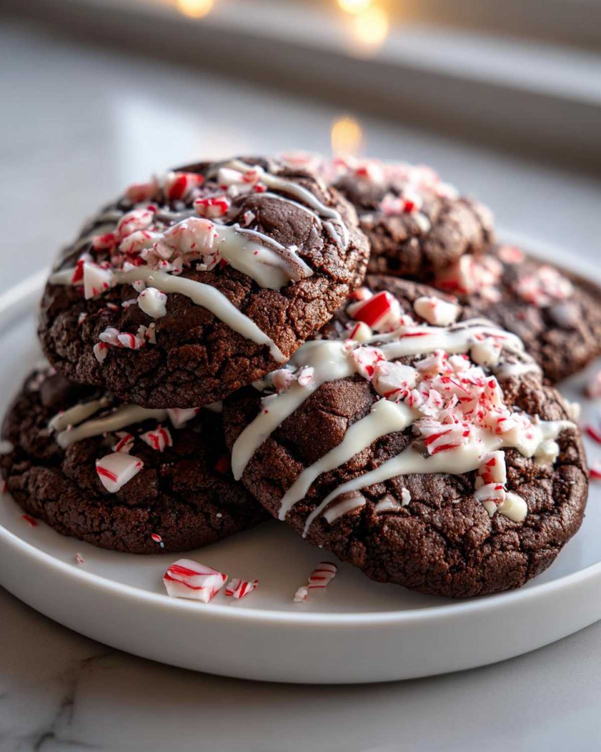 A stack of rich, dark double chocolate peppermint cookies drizzled with white icing and topped with crushed candy canes.