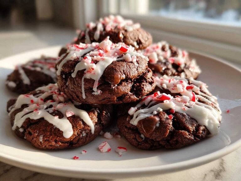 A stack of rich double chocolate peppermint cookies drizzled with white icing and crushed candy canes.