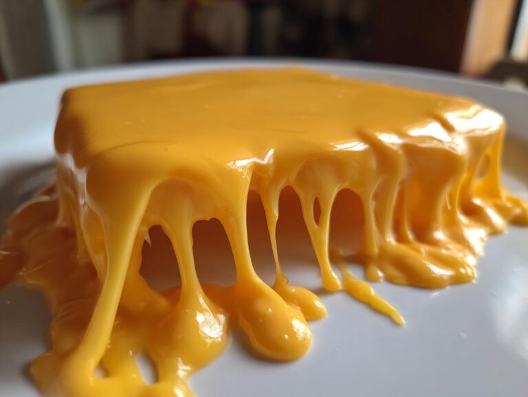 Close-up of thick, bright orange nacho cheese sauce dripping dramatically off a solid block onto a white plate.