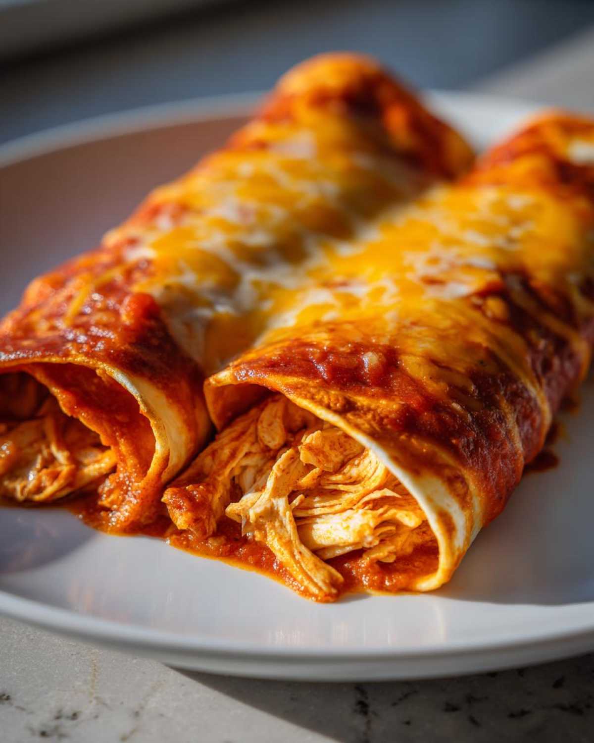 Two rolled tortillas filled with shredded chicken, covered in red sauce and melted cheddar cheese, ready to eat. These are easy chicken enchiladas.