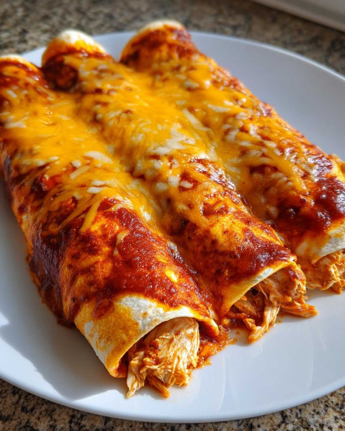 Close-up of three rolled easy chicken enchiladas covered in red sauce and melted cheddar cheese on a white plate.