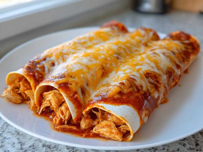 Three rolled tortillas filled with shredded chicken, covered in red sauce and melted cheddar and Monterey Jack cheese, representing easy chicken enchiladas.