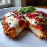 A close-up of Easy Chicken Parmesan cut in half, showing crispy breading, white chicken meat, melted mozzarella, and marinara sauce.
