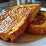 Close-up of two golden brown slices of easy french toast soaking in maple syrup on a white plate.