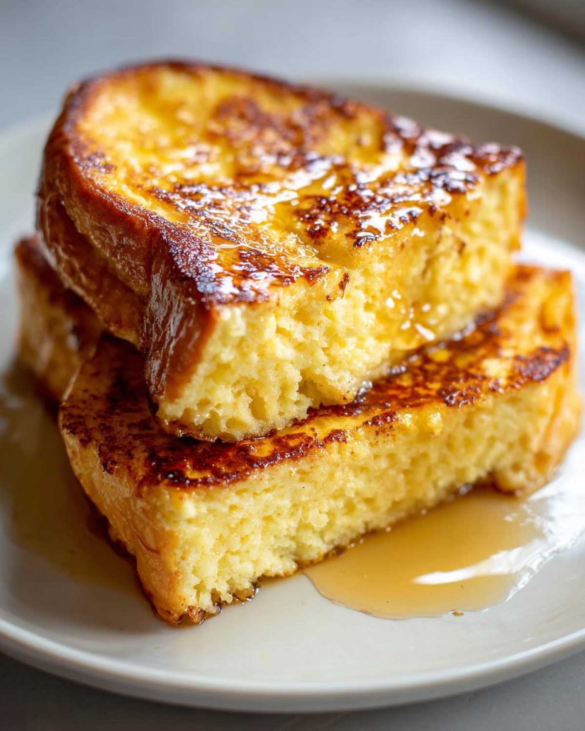 Two thick slices of golden brown easy french toast stacked and drizzled generously with maple syrup.