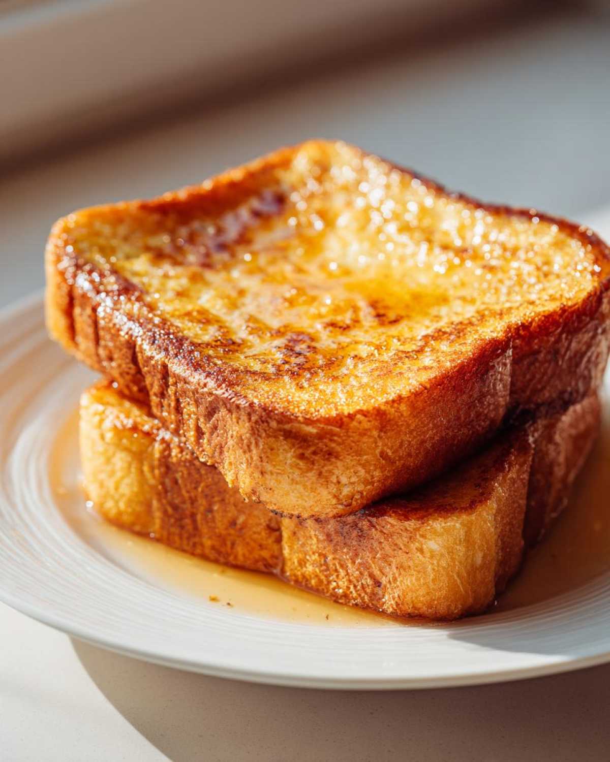 Two thick slices of golden brown easy french toast stacked on a white plate, glistening with syrup.