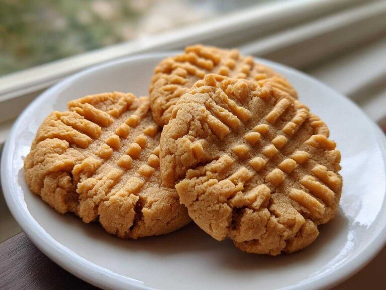 Three classic, fork-pressed Easy Peanut Butter Cookies resting on a white plate near a window.