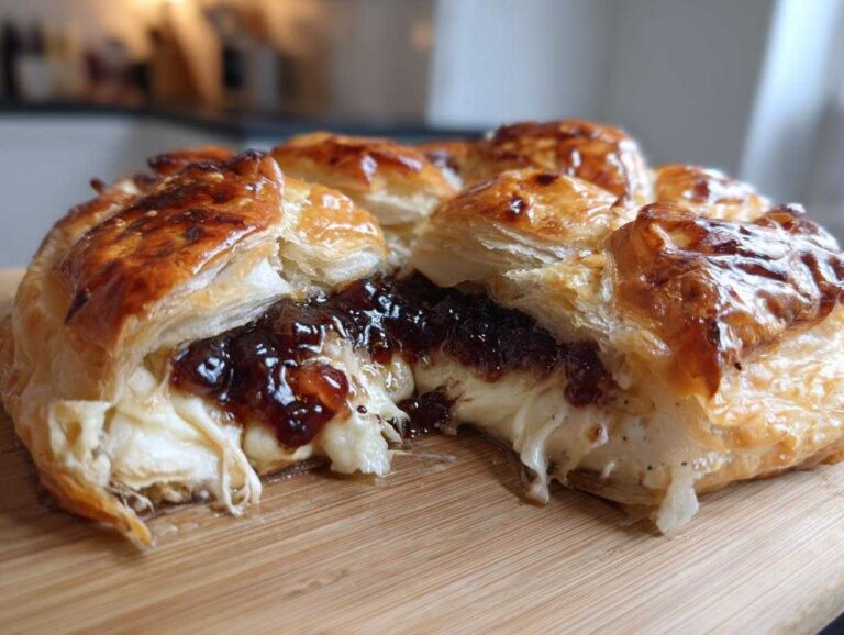 5 amazing baked brie secrets revealed Close-up of a warm baked brie wrapped in golden puff pastry, cut open to show melted cheese and dark fruit jam filling.