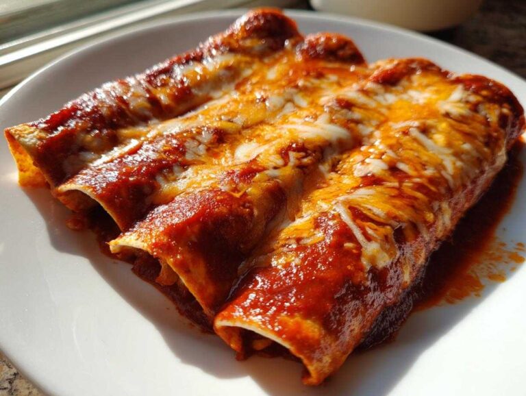 Three freshly baked cheese enchiladas covered in rich red sauce and melted, bubbly cheese.