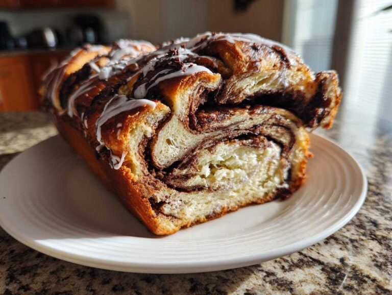 A close-up of a freshly baked chocolate babka loaf, showing rich swirls of chocolate filling and white icing on top.