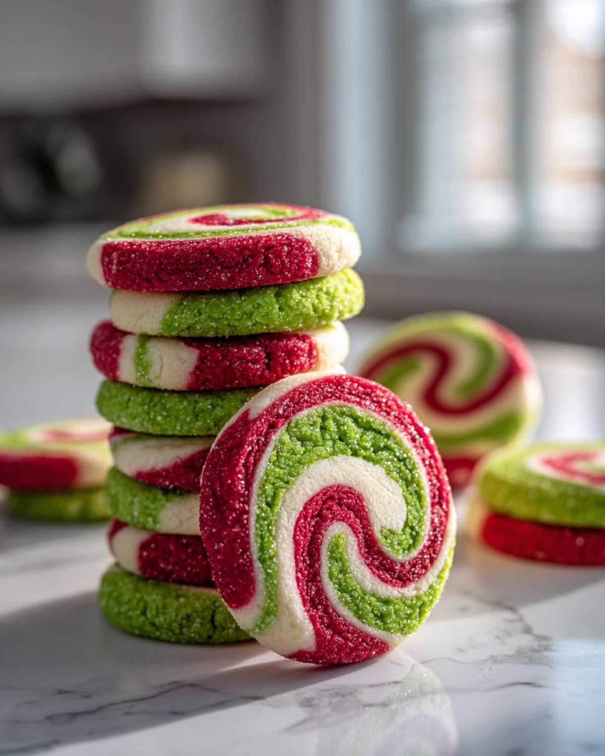 A stack of colorful red, green, and white pinwheel cookies dusted with sugar, highlighting the swirl pattern.