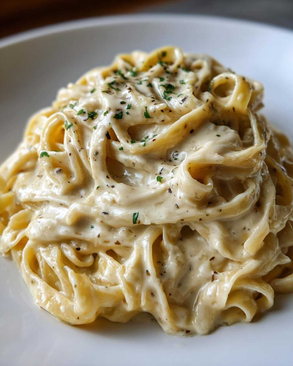 Close-up of fettuccine pasta generously coated in creamy Olive Garden Alfredo Sauce and sprinkled with herbs.