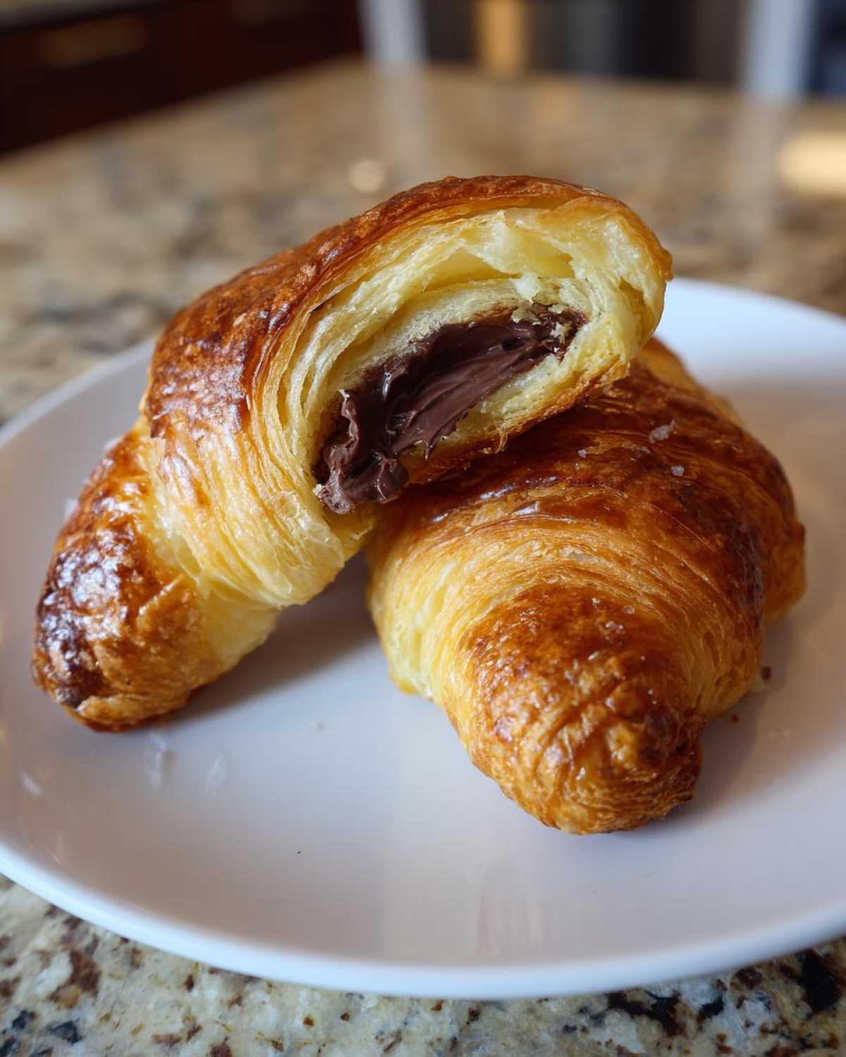 A flaky, golden-brown chocolate croissant sliced in half, revealing melted chocolate filling inside.